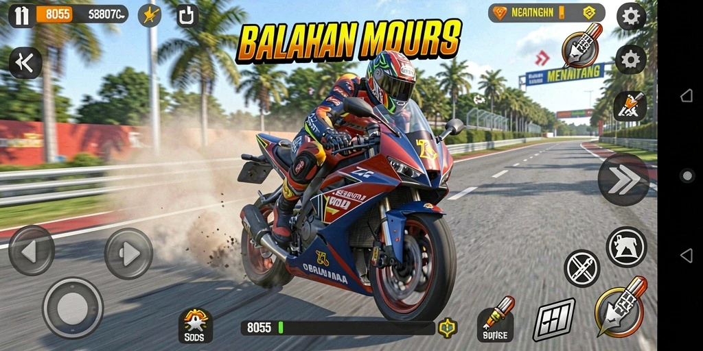 Tampilan gameplay seru dari 8055 menunjukkan aksi balapan motor.