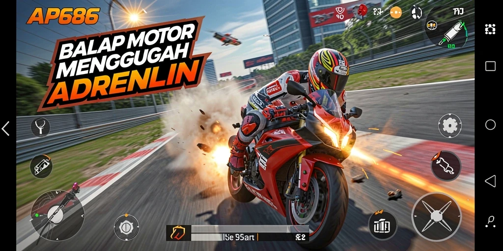 Screenshot utama AP686 menunjukkan pemain melaju kencang di lintasan balap.