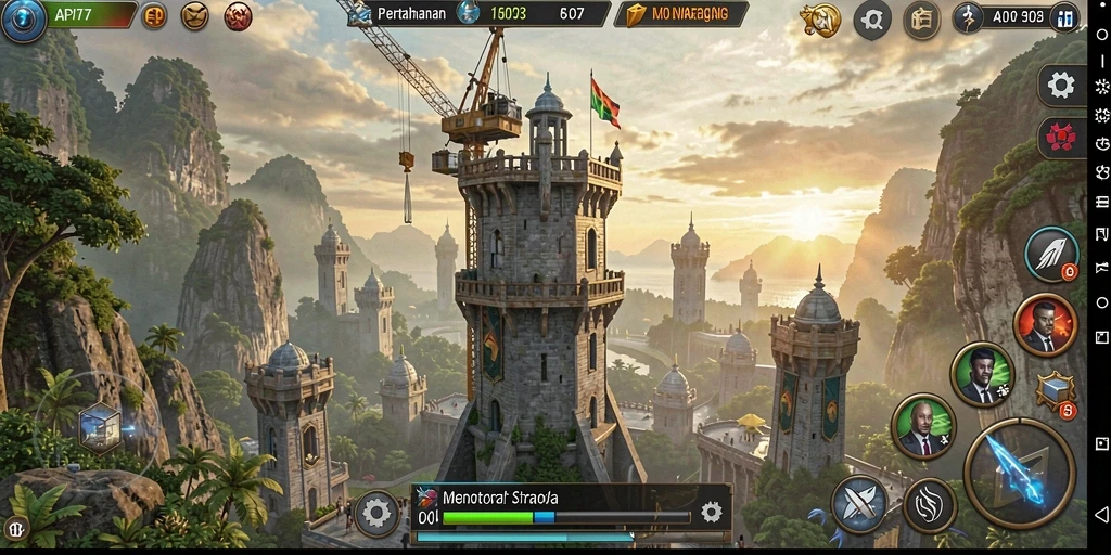 Screenshot gameplay menunjukkan menara bertahan melawan gelombang musuh.