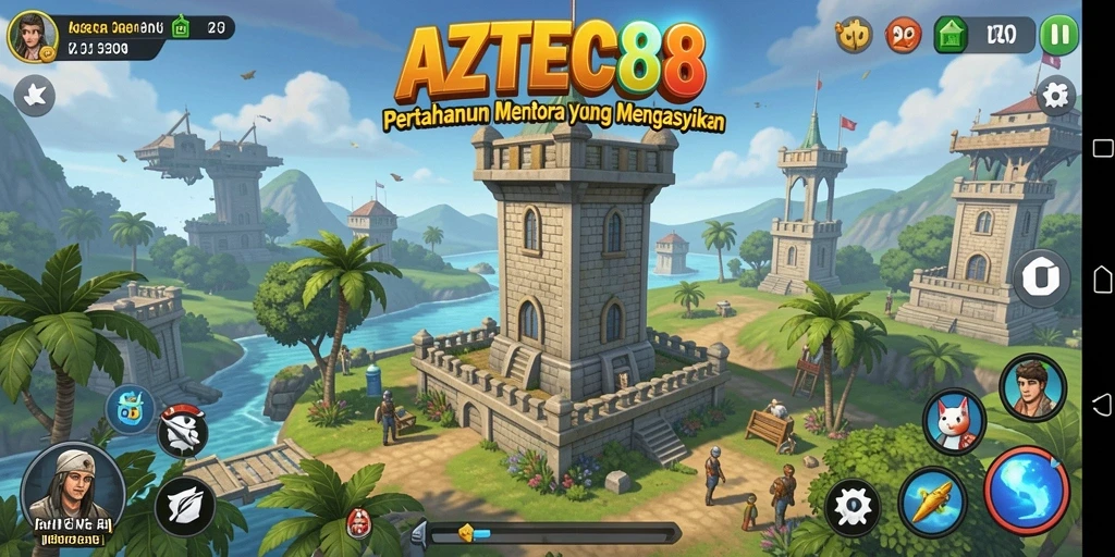 Screenshot gameplay AZTEC88 menampilkan pertahanan yang strategis dan menara menawan.