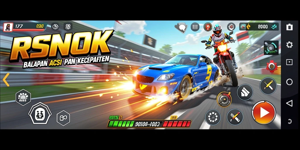 Screenshot gameplay dari RSNOK menampilkan balapan seru dan mobil keren.