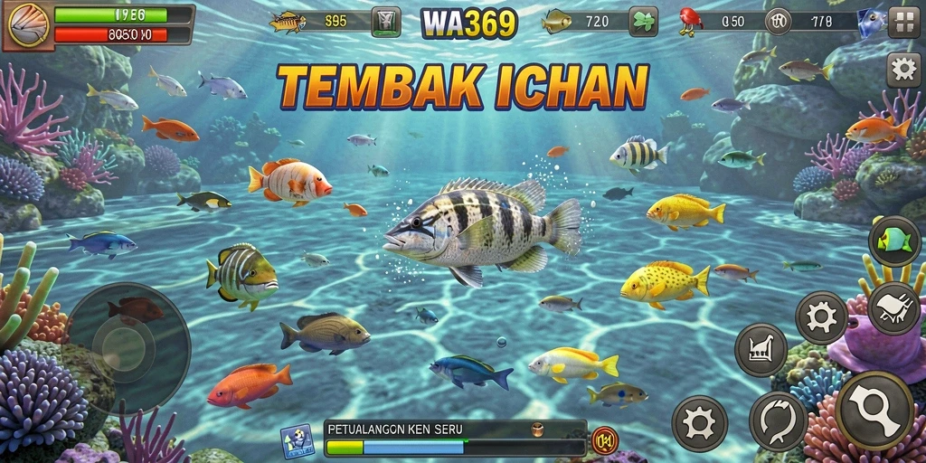 Tampilan gameplay seru dari WA369 saat menembak ikan berwarna-warni.